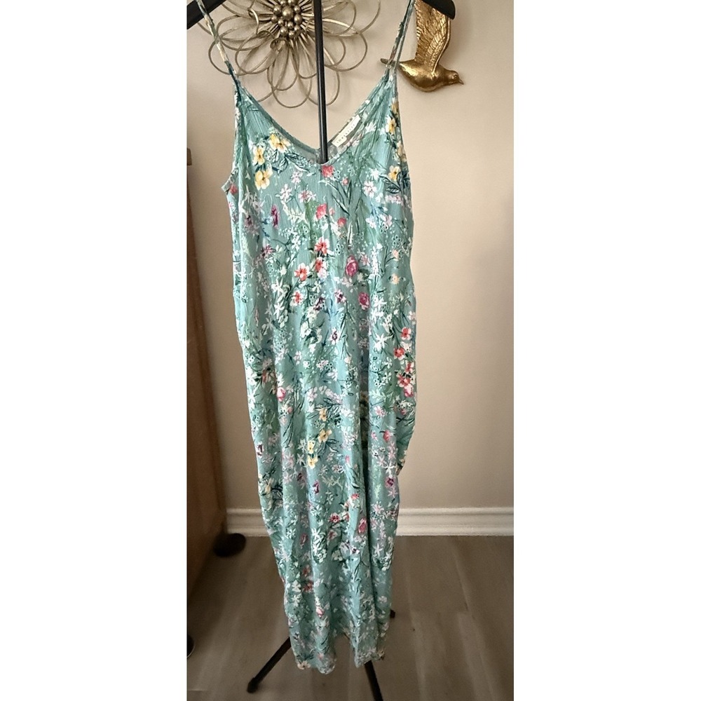 LoveStitch Floral Maxi Dress Womens S/M Boho Sleeveless Green Rayon Pockets